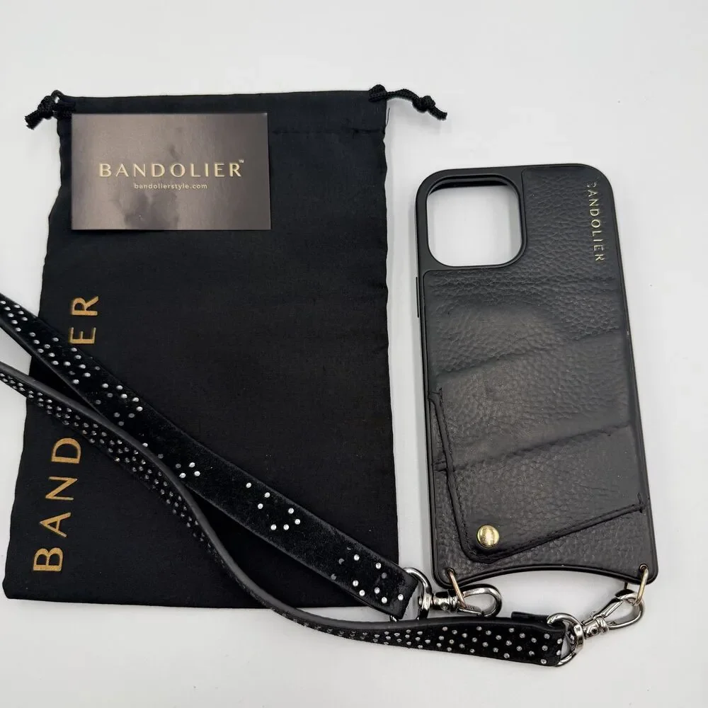 BANDOLIER Black Leather Crossbody iPhone 13/14 Pro Max Case; Rhinestone Strap - Picture 1 of 13